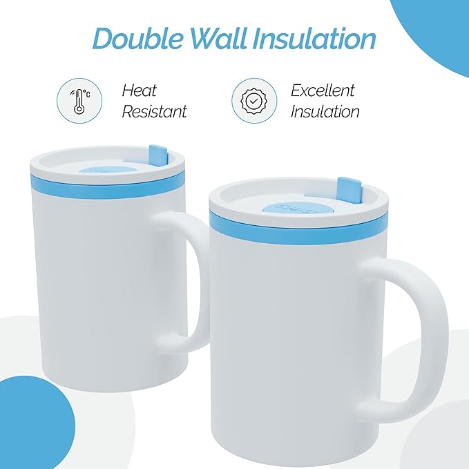 Copco Iconic 16oz Double Wall Insulated Desk Mug with Lid & Handle, Set of 2, BPA-Free Reusable Plastic, Spill-Resistant, Microwave & Dishwasher Safe, Wide Mouth (Teal)