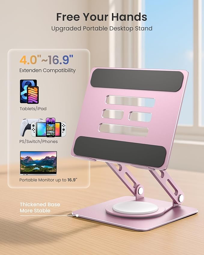 Metal Tablet Stand, 360 Rotating iPad Stand with Heavy-Duty Base, Tablet Holder Compatible With 4.0-16.9" Device, 2025 iPad Pro Air Mini, Kindle, Surface Tablet, Portable Monitors - Purplish Pink