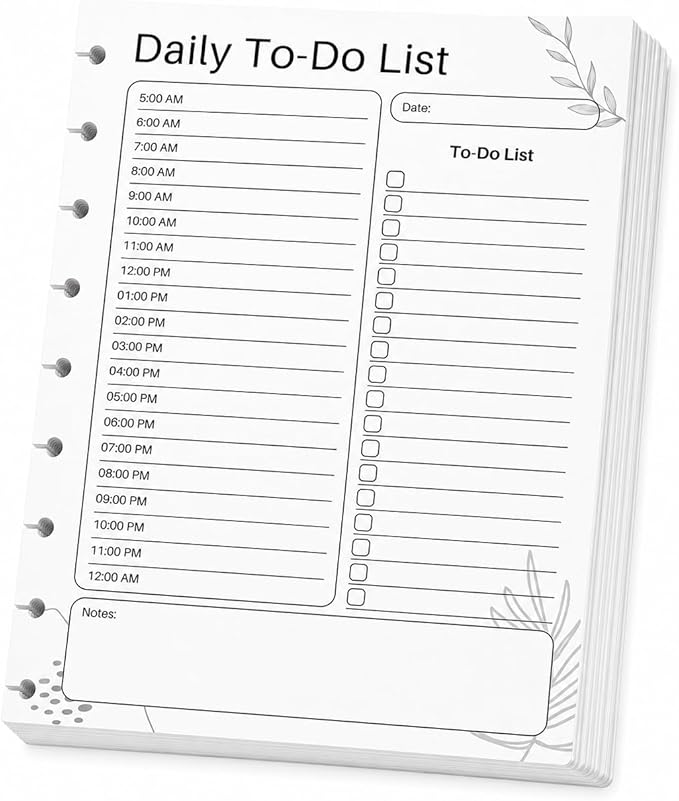 Classic 9-Disc Daily To Do List Planner Inserts, Discbound Undated Planner Refill Pages with Hourly Schedule, Checklist & Notes, 100 Double-Sided Sheets, 7 x 9.25 in