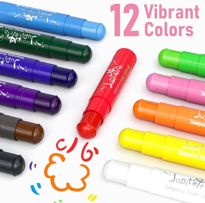 JUPITEARTH Paint Sticks for Kids 12 Colors, Quick Drying, Smooth, Non-Toxic and Washable Solid Tempera Paint Sticks with 120 PDF Coloring Pages and 30 Stickers, Toddler Art Supplies for Drawing