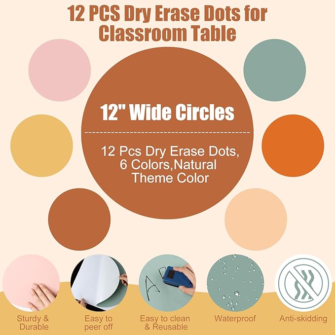 Lincia 12 Pcs 12 '' Dry Erase Dots for Classroom Table Classroom Decor Boho Colorful Stickers for Whiteboard Wall Decor Removable Dry Erase Circles for School Teacher Supplies(Boho Color)