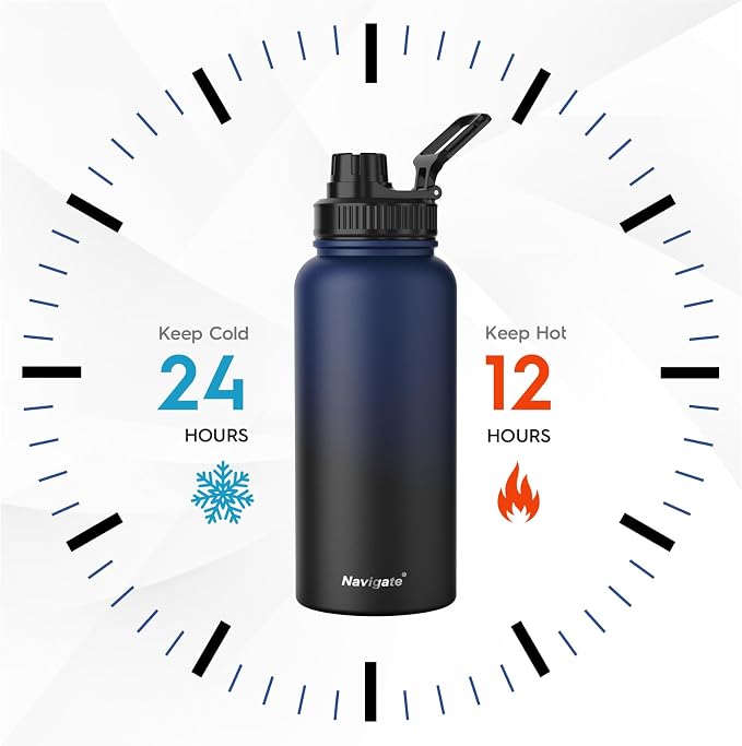 Navigate 32oz Insulated Water Bottle for Sports, Keep Cold 24H | 2-in-1 Spout and Handle Lids, Double Leak-Proof, 18/8 Stainless Steel, BPA-Free, Wide Mouth for Hiking,Blue to Black