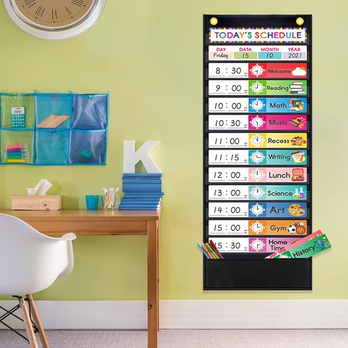 Daily Schedule Pocket Chart, class schedule, with 15 Dry-Eraser Cards - 13 Pockets for Classroom & Home (Black)