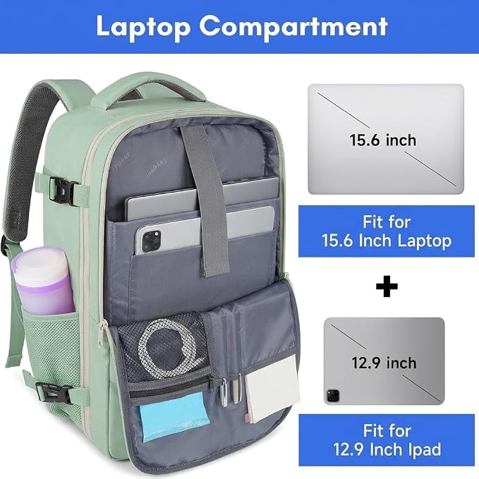 Taygeer Carry On Backpack, 40l Travel Backpack for Women Airline Approved | Cute 17.3" Personal Item Travel Bag with Shoe Pouch, Casual Daypack Gifts for Friend Hiking Weekend, Green Beige