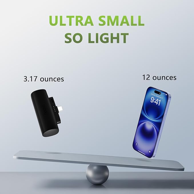 Miady 2-Pack 5000mAh Mini Portable Charger with Built-in Type C Connector, USB-C Output Charging Small Power Bank, Ultra-Compact Battery Pack Compatible with iPhone 17/16 (Lake Green+Clove Purple)