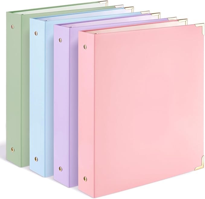Sooez 4 Pack 3 Ring Binder with Metal Corners, Cute 1 Inch Binders Fits 175 Sheets of Paperwork, Three Ring Recipe Binder with Pocket for Women School Home Office Supplies, 8.5" x 11", Pastels
