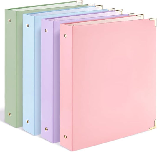 Sooez 4 Pack 3 Ring Binder with Metal Corners, Cute 1 Inch Binders Fits 175 Sheets of Paperwork, Three Ring Recipe Binder with Pocket for Women School Home Office Supplies, 8.5" x 11", Pastels