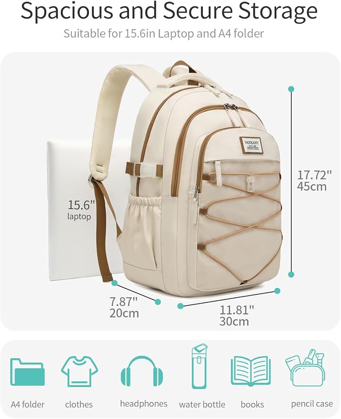 Teen Girls Backpack School Bag, 15.6in Laptop Backpack for Women Work Commuter, Aesthetic College Bookbag for Students, Beige