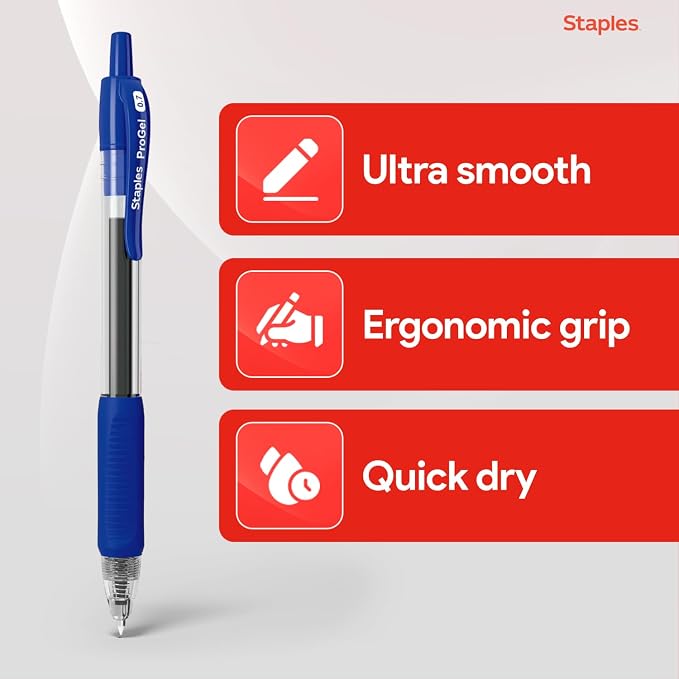 STAPLES Retractable Gel Pens, Fine Point 0.7mm, Blue Ink, 48 Pack – ProGel Smooth‑Writing Pens for Office, School & Home