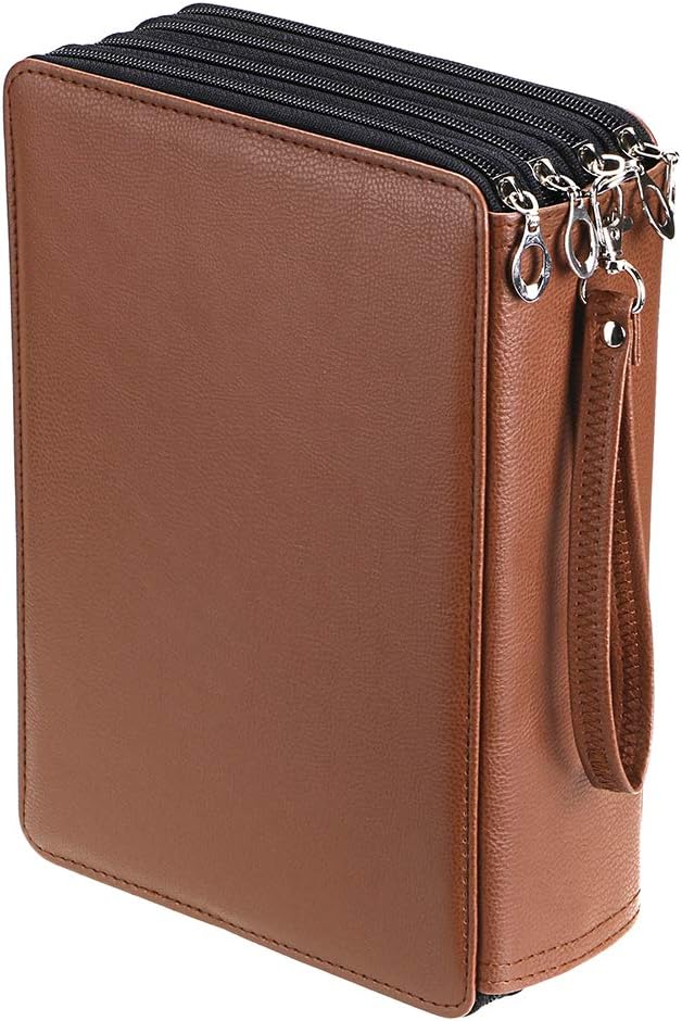 BTSKY 200 Slots Colored Pencil Organizer - Deluxe PU Leather Pencil Case Holder With Removal Handle Strap Pencil Box Large for Colored Pencils Watercolor Pencils Brown