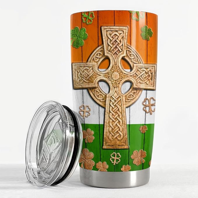 SANDJEST Irish Tumbler 20oz Celtic Cross Irish Fact Stainless Steel Tumbler with Lid Gifts for Women Birthday Christmas