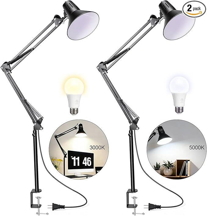 2 Pack LED Desk Lamp With Clamp for Office Home, Eye-Caring Desk Light with 360°Adjustable Extra Tall Metal Swing Arm, High Intensity Clamp w/A19 E26 Bulb for Working Reading, Table Lamps White/Warm