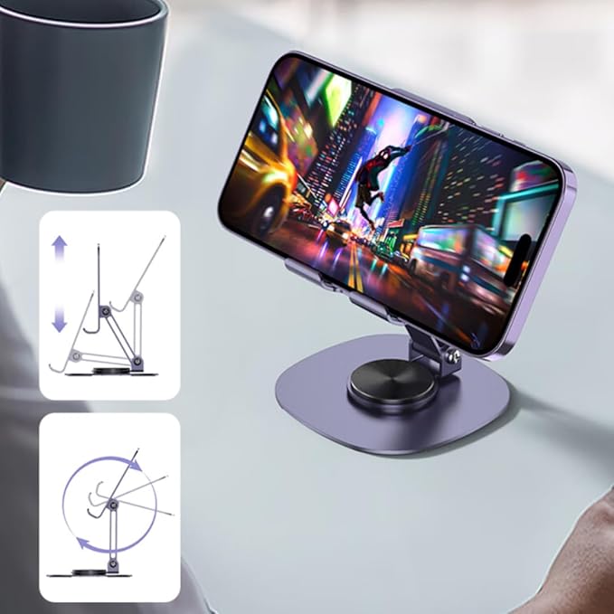 Adjustable 360° Rotating Cell Phone Stand – Foldable Desktop Holder Dock, Case Friendly, Works with All Phones (Purple)