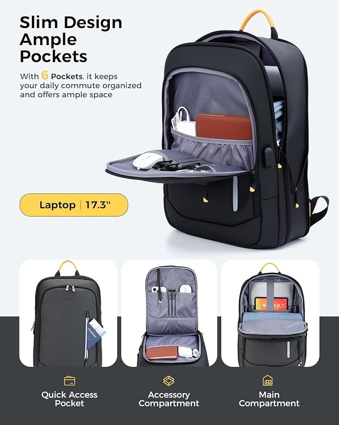 Slim Laptop Backpack for Men, 17.3 Inch Expandable Business Travel Backpack with USB Charging Port, Lightweight Work Computer Bag, Black