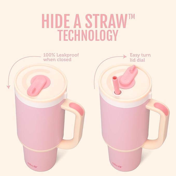 Ello Oasis 40oz Tumbler with Handle & Retracting Straw | Reusable Insulated Stainless Steel Cup 100% Leakproof | Gifts for Teens Women | Keeps Cold for 24 Hours | Cup Holder Friendly | Strawberries