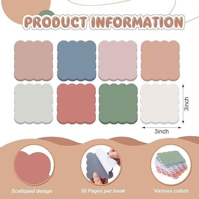 Eaasty 8 Pack Scalloped Aesthetic Sticky Notes Bulk Vintage Colors Cute Wavy Self Sticky Note Pads 3" x 3" Blank Note Pads for Back to School Office Supplies 240 Sheets