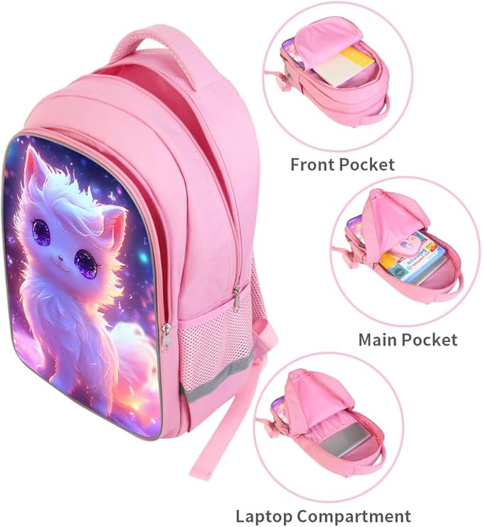 HiMagics Kids School Backpack for Boys & Girls Lightweight Waterproof Bookbag Large Capacity Ergonomic Comfortable Shoulder Straps Ideal for Elementary Middle School and Travel Pink Fox Pattern