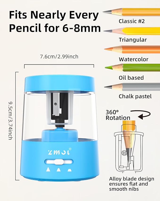 ZMOL Colored Pencil Electric Sharpener, Auto Stop, Plug-in Small Electric Sharpener Battery Powered for 6-8mm No. 2 Pencils Blue