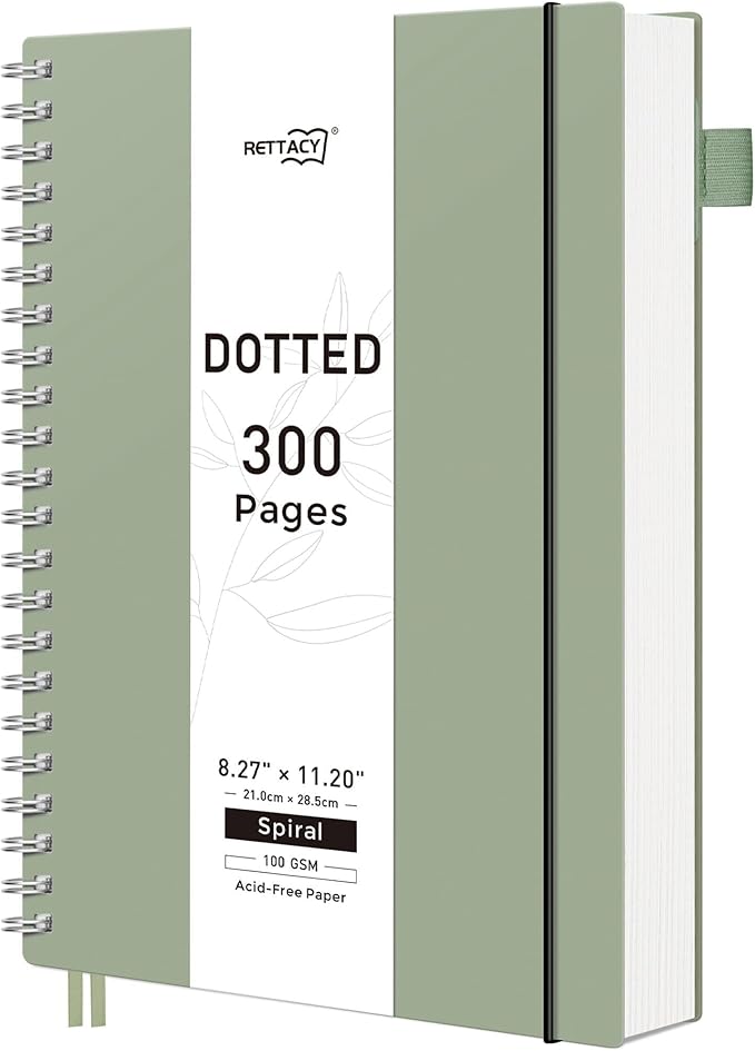 RETTACY Dotted Journal Notebook, 300 Pages, A4 Large Size (8.2'' × 11.2''), 100 GSM Thick Paper, Flexible Plastic Cover, Spiral-bound, for Journaling, Planning, Tracking (Sage Green)
