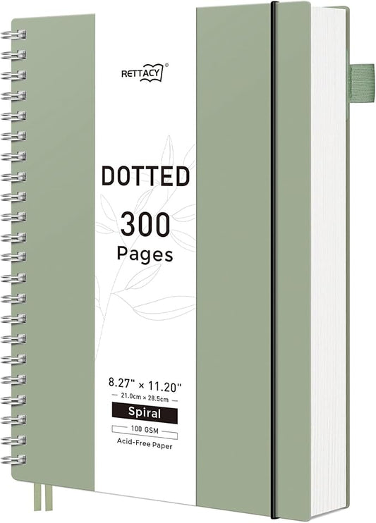 RETTACY Dotted Journal Notebook, 300 Pages, A4 Large Size (8.2'' × 11.2''), 100 GSM Thick Paper, Flexible Plastic Cover, Spiral-bound, for Journaling, Planning, Tracking (Sage Green)