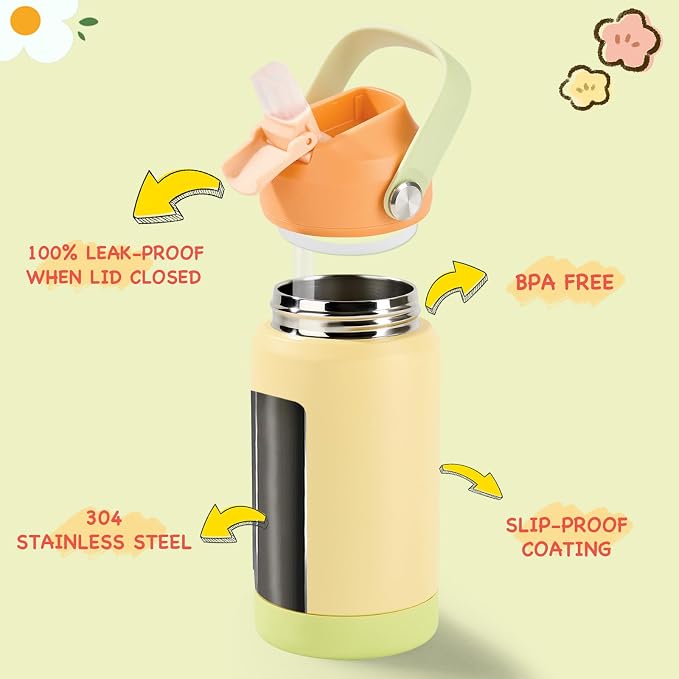 Kerilyn 12oz Kids Water Bottle 2 Pack, Stainless Steel Insulated Water Bottle Bulk, Toddler Cups with Straws Leak-Proof, Kids Water Bottles for School Boys Girls, BPA Free, 2 Piece Set Sweet Couple