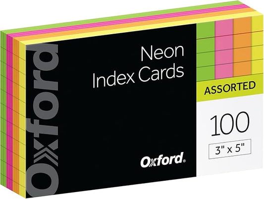 Oxford Neon Index Cards, 3" x 5", Ruled, Assorted Colors, 100 Per Pack (40279)