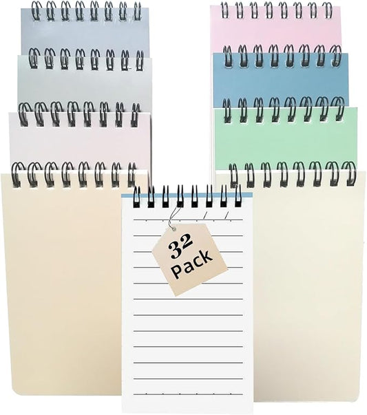 32Pack Pocket Notebook Wide Ruled 9MM , 3 x 5 Inches 60 Sheets/120 Pages Small Top Bound Steno Pads Bulk, Mini Spiral Notebooks With Lined Pages, Mini Spiral Notepads With Color Cover, Small Note Pads For Work Journal, Grocery list,Diary (32)