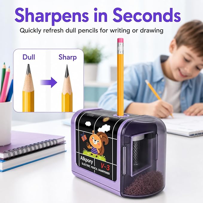 Battery Operated Electric Pencil Sharpener for Kids, Auto Stop Safety Switch, Fast Pencil Sharpener for No.2 and Colored Pencils, Portable Desk Sharpener for School, Home, Office, Purple