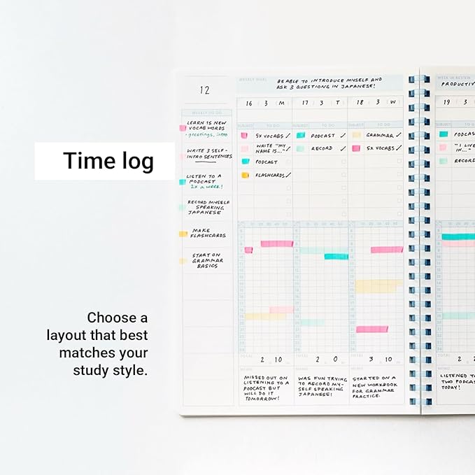 KOKUYO Study Planner Notebook, 10'' x 7'' Time Log B5 Soft Ring Notebooks, 41 To Do Plan Sheets, Green Spiral Notebook, Time Management (SU-SY111TL-G)