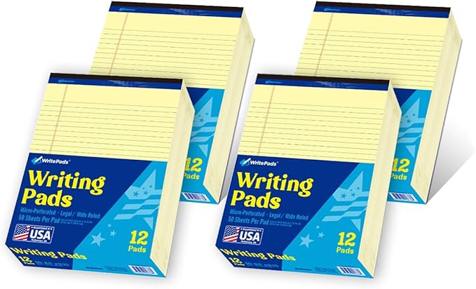 WritePads Legal Pad, 8.5 x 11, Wide Ruled, Canary Paper, 48-Pack, 50 Sheets Per Pad, Micro-Perforated Notepad, Made in USA