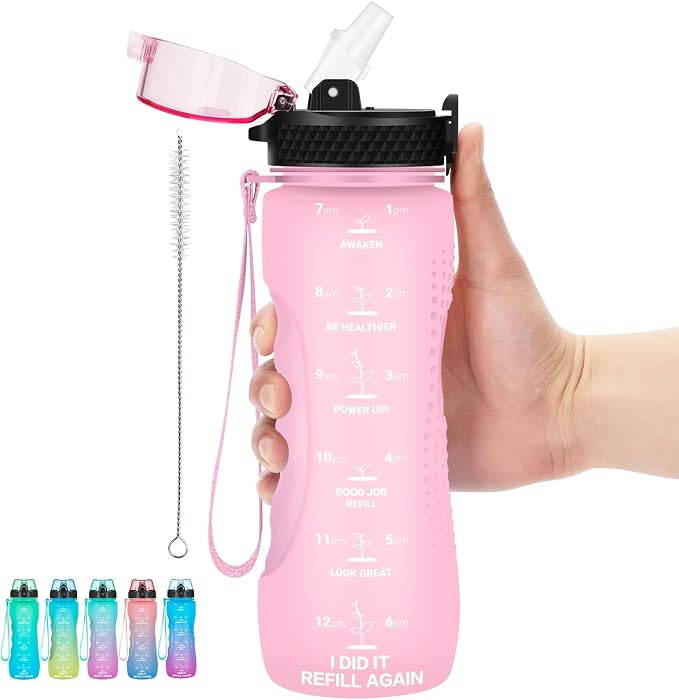 24 OZ Motivational Kids Water Bottle With Time Marker,Straw Lid,Leak Proof, Tritan BPA Free Sports Water Bottle Pink(1 Lid)