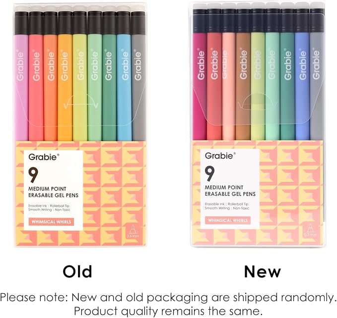 Grabie Erasable Gel Pens, Medium Point 0.7 mm Erasable Pens, Make Mistakes Disappear for Drawing Writing Planner, Pack of 9 Assorted Colors(Whimsical Whirls)