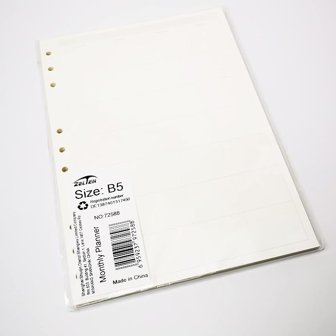 Zelten 1 Pack B5 45 Sheets/90 Pages Monthly Planner Loose Leaf Punched Paper Refills Paper for 9 Hole Binder Personal Organizer Diary Notebook Refillable Planner