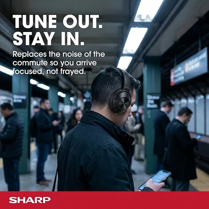 Sharp Noise Cancelling Bluetooth Headphones | Wireless Over Ear Headphones | Bluetooth Headset with Microphone | 20 Hours of Talk & Music Time | 33 FT Operating Range | HP-60(K), Black