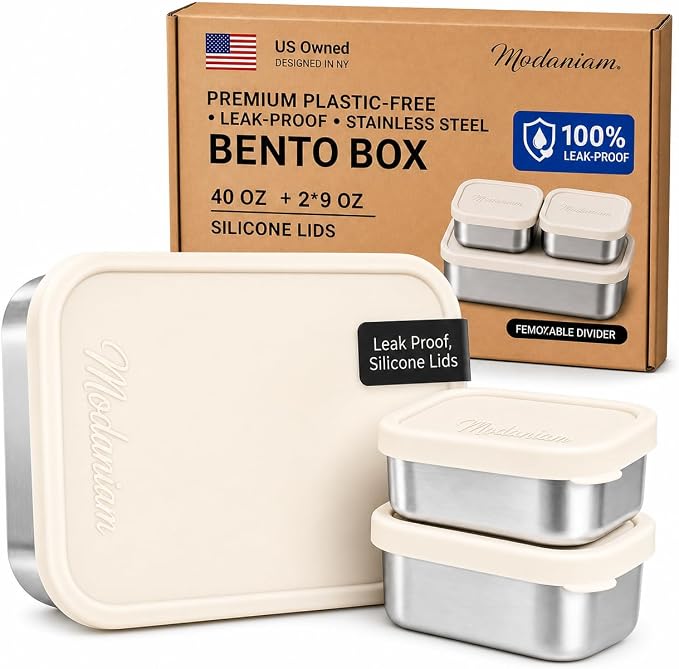 Modaniam Flexibento - 40 OZ Set -Leak proof Stainless Steel Lunch Box Containers, Lunch Containers with Silicone Lids,Steel Bento Box,Metal lunch Box, Vanilla set of 3, 1 * 40OZ + 2 * 9 OZ