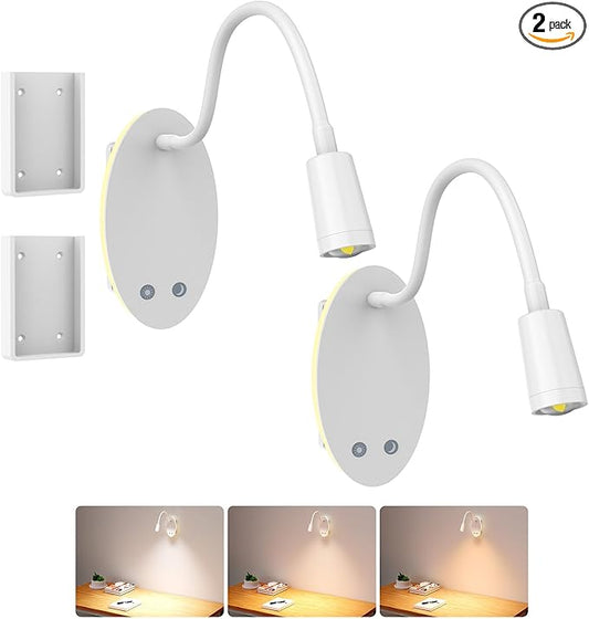Rechargeable Wall-Mounted Reading Light for Bed - Cordless Bedside Lamp with 40H Battery, 3 Color Temperatures & Stepless Dimming, Eye-Care Night Light, USB Output, No Disturb to Partner(2pcs)