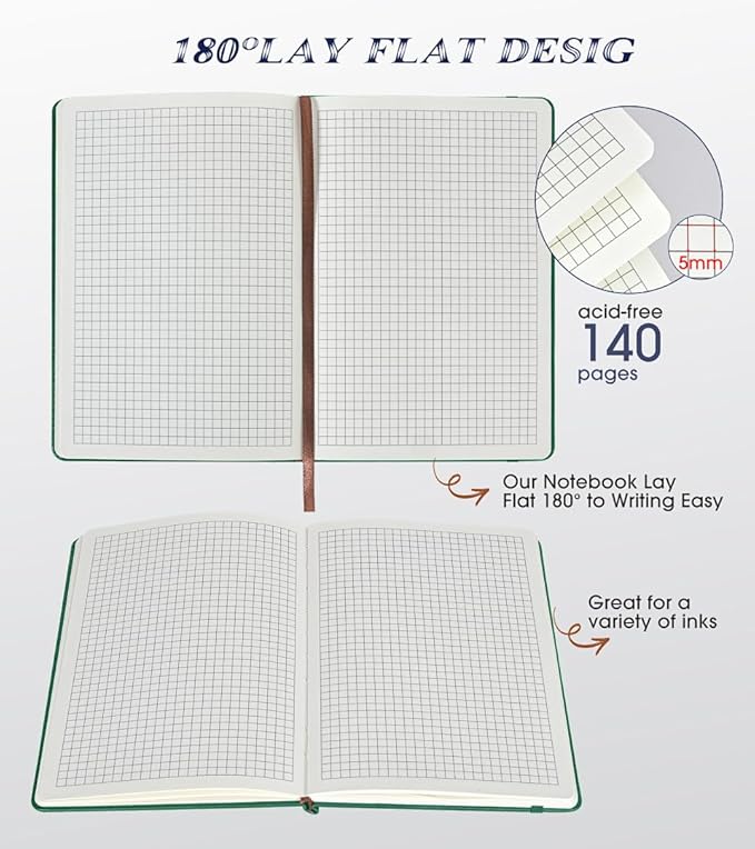Biuwory Graph Paper Notebook Journal for Women Men,140 Pages Hardcover Grid Notebooks for Work & School,Leather Journals for Writing, Graphing Paper Notebook 5.7"×8.3" (Green)