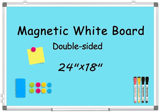 WALGLASS Magnetic Whiteboard 24"x18" Dry Erase White Board for Walls with Pen Tray, Aluminium Frame and Dry-Wipe Writing Surface for School, Home, and Office (Blue)