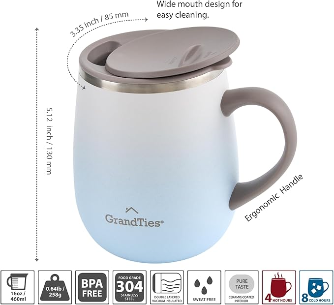 GRANDTIES 16oz Ceramic-Lined Insulated Coffee Mug with Sliding Lid, Wine-Glass Shape Thermal Tumbler with Double Walled Vacuum to Keeps Beverages Hot or Cold (Frosted Glacier)