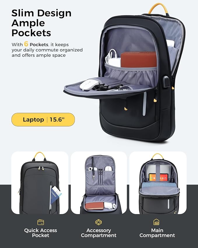 Slim Laptop Backpack for Men, 15.6 Inch Business Travel Backpack with USB Charging Port, 1.5Lbs Lightweight Work Computer Bag, 600D Waterproof Durable Backpack, Black