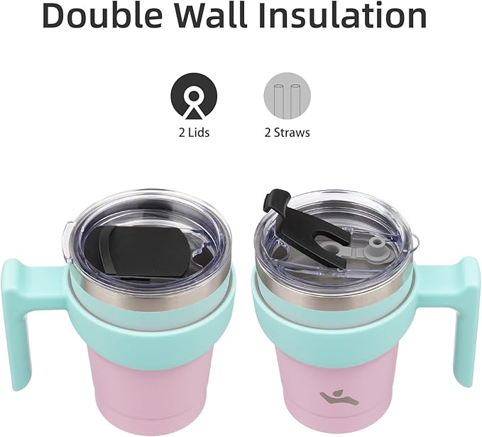 Konokyo 10 oz Tumbler with Handle and 2 Straw 2 Lid, Insulated Water Bottle Stainless Steel Vacuum Cup Reusable Travel Mug,Gum