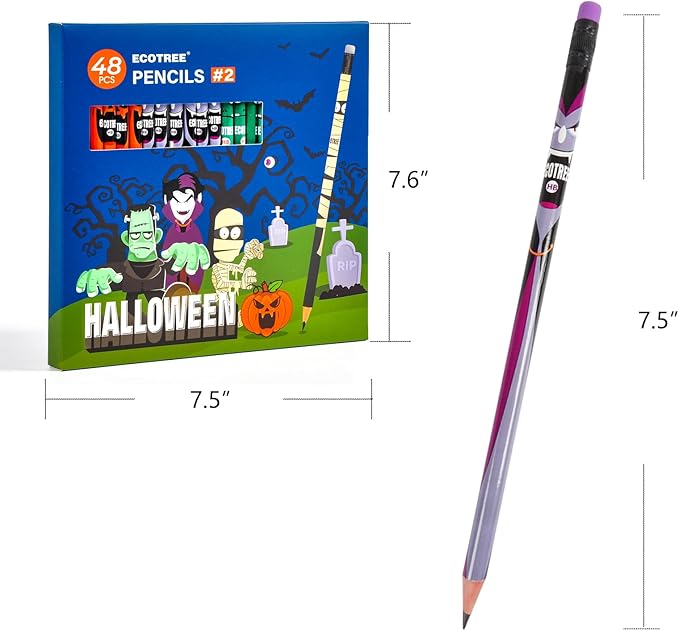 ECOTREE Halloween Party Favors, Pre-sharpened Halloween Pencils #2 for Kids, Halloween Gifts, 48 Count