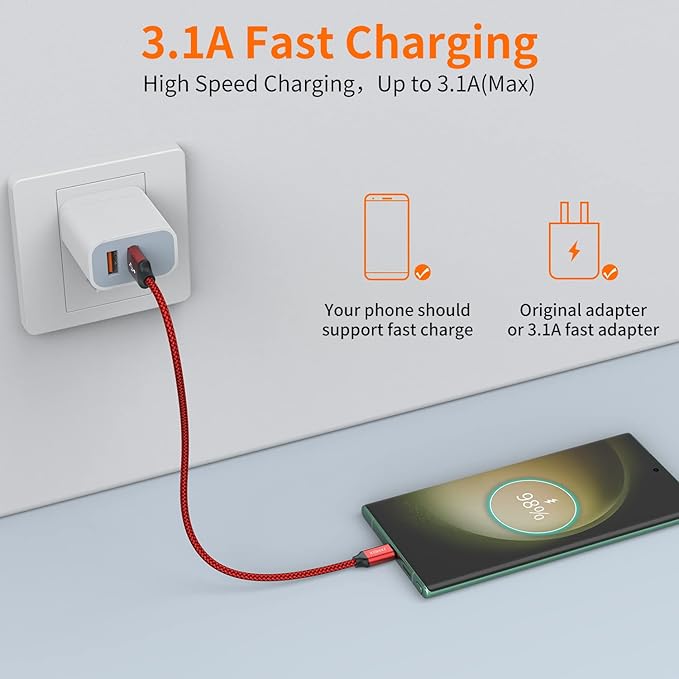 JXMOX Short USB C Cable (0.5ft 3-Pack), USB A to Type-C Charger Cord 3.1A Fast Charging Compatible with iPhone 15 16 Pro Max, Samsung Galaxy S20 S10 S9, Note 10 9, A80 A70 A50 A40, Power Bank (Red)