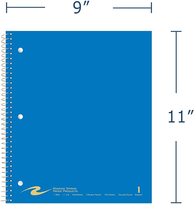 ROARING SPRING 1 Subject Spiral Notebook, 24 Pack, 11" x 9", College Ruled, 100 Perforated Sheets, Assorted Glasscoat Covers, Double Storage Pocket, Made in USA