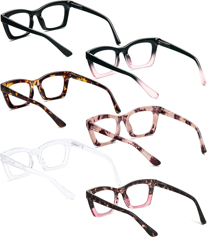 REAVEE 6 Pack Reading Glasses for Women Blue Light Blocking, Cute Square Computer Readers with Spring Hinge