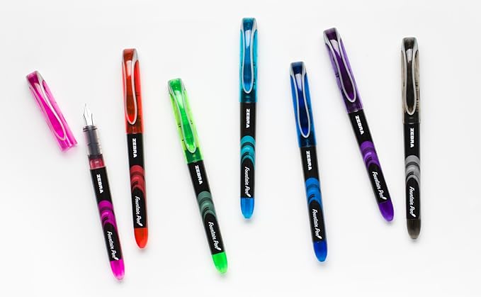 Zebra Pen, Fountain Pen, 0.6mm Fine Point, Stainless Steel Nib, Preloaded Assorted Ink, Smooth Ink Flow, Vibrant Assorted Barrels, No Cartridge Needed, 7-Pack (48307)