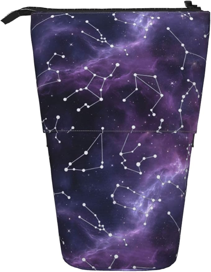 Purple Constellation Standing Pencil Case Cute Telescopic Stationary Pouch with Zipper Large Capacity Stand up Pen Bag Portable Makeup Holder for School Office Supplies