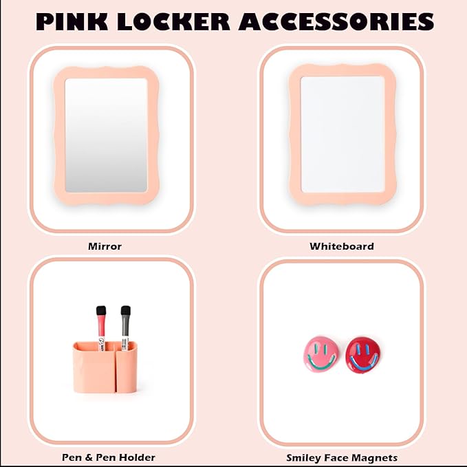 Locker Accessories for Girls Boys with Locker Mirror, Magnetic Whiteboard, Cute Smiley Face Magnets, Back-to-School Locker Decorations, Ideal for Office School Locker (Pink Locker Decor Set)