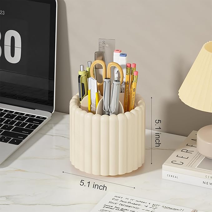 Anyoifax 360° Rotating Pen Holder 7 Slots Desk Organizer Removable Pencil Cup Plastic Art Supplies and Accessories Desktop Storage Box Caddy for Office, School, Home (Beige)