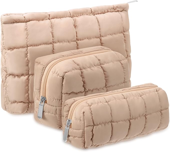 Huhumy 3 Pcs Puffy Makeup Bag Quilted Cosmetic Pouch for Women Cute Checkered Travel Toiletry Bag Puffer Makeup Organizer Purse Pouch Preppy Pencil Case with Zipper